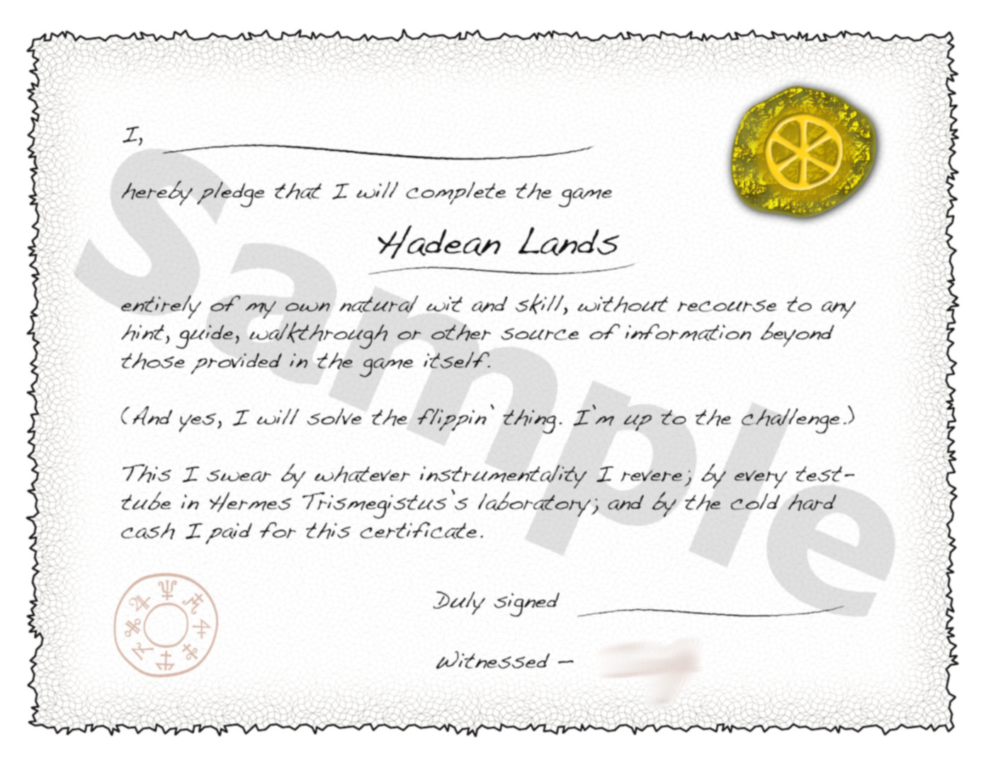 Hadean Lands - Solo Adventurer Pledge Certificate